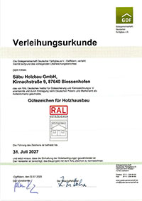 Verleihungsurkunde <br />RAL-Gütezeichen 422